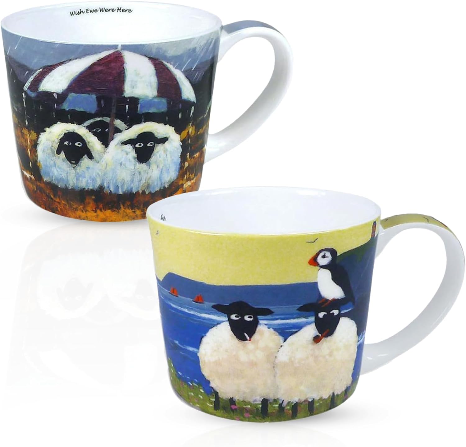 Thomas Joseph Set of 2 Coffee Mugs New Bone China 11 oz with Sheep and Farm Design Gift Box (Puffin/Raining Mug)