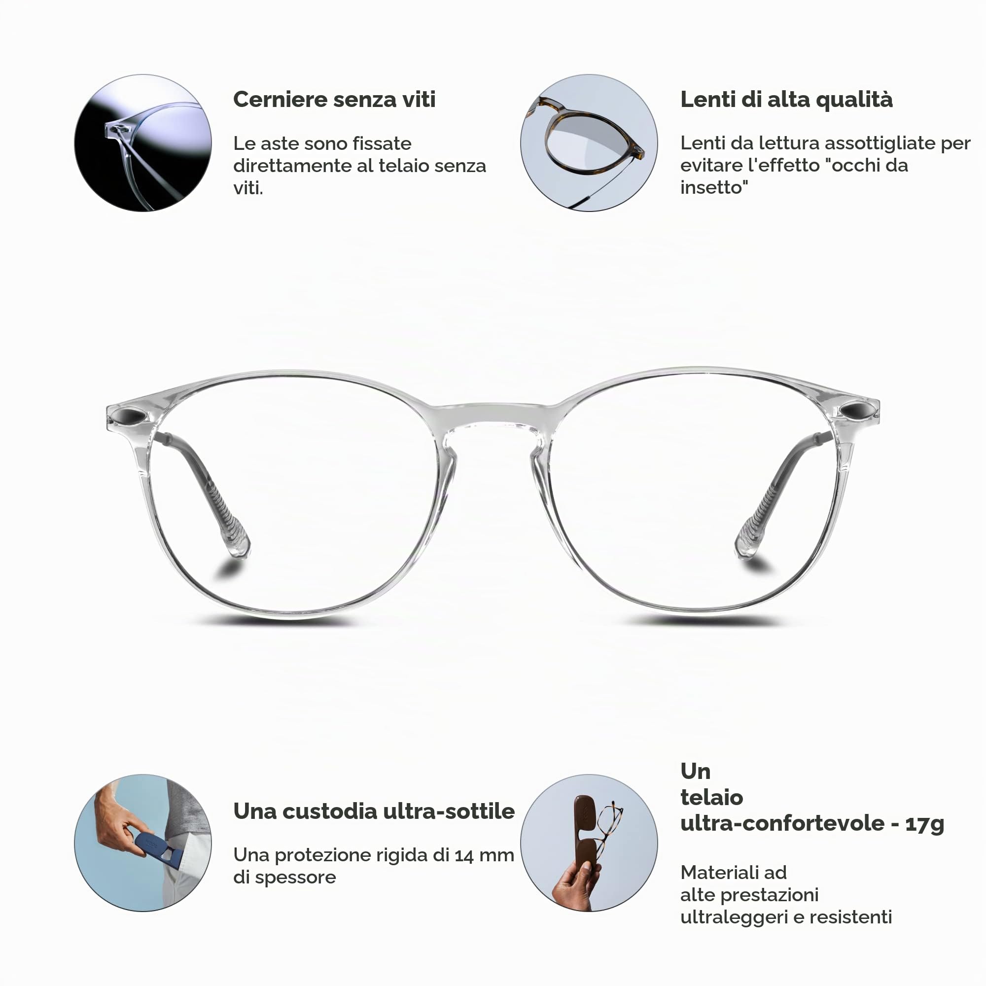NOOZ Optics - Occhiali da Lettura - Occhiali Presbiopia Uomo e Donna - Montatura In Nylon Ultraleggera - Custodia Ultracompatta - Ovale