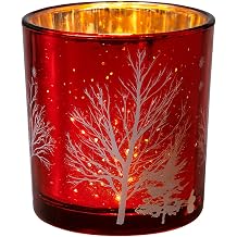 Glass Candle Holder Christmas Tree Candle Cup, Red | One Piece, Decorative Votive Tealight, Rustic Home Decor, Holiday Centerpiece