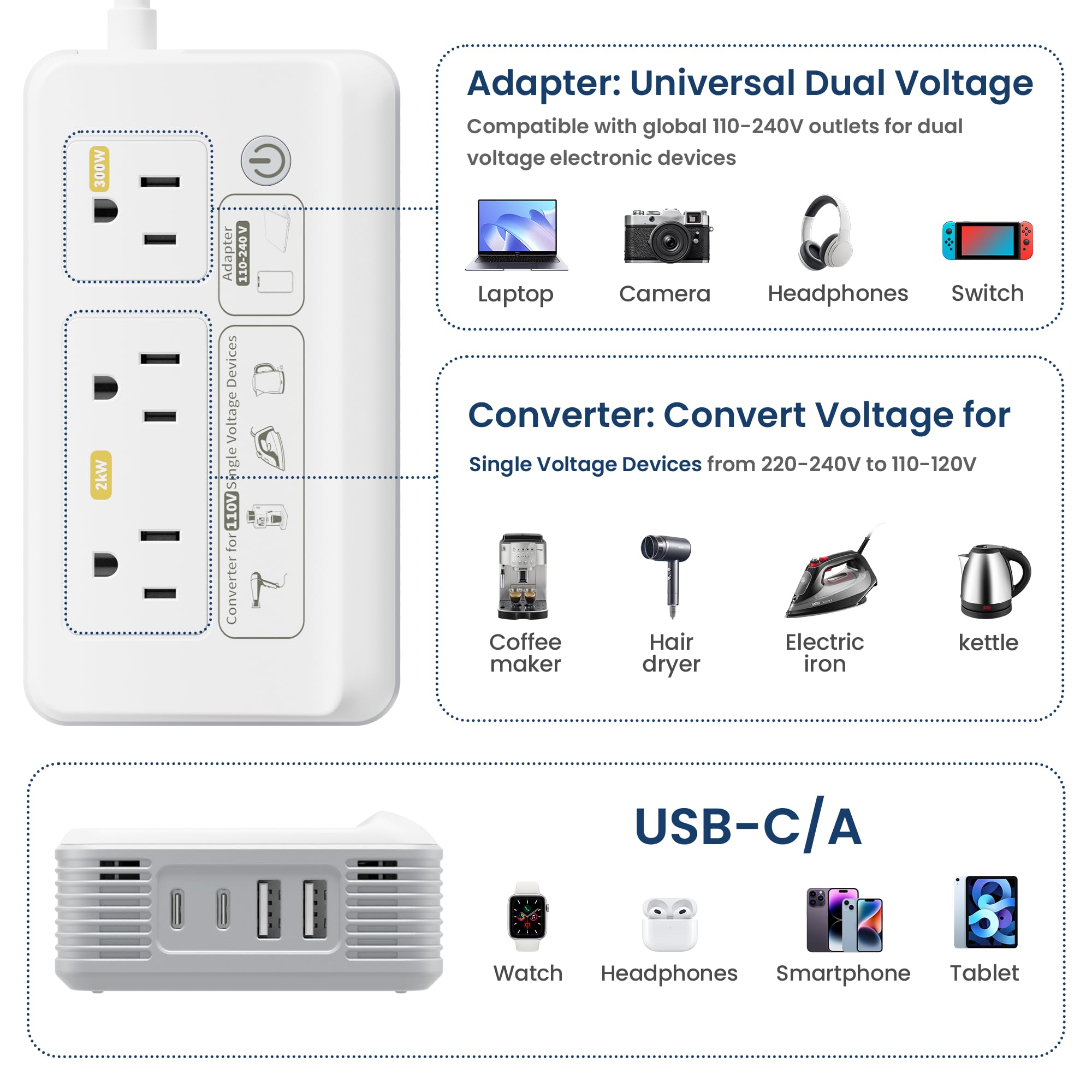 Mapambo Convertidor de voltaje de 2000 W de EE. UU. a Europa, convertidor 7 en 1 para viajes europeos para secador de pelo, hervidores, cafeteras, etc. Convertidor de 220 V a 110 V para viajes