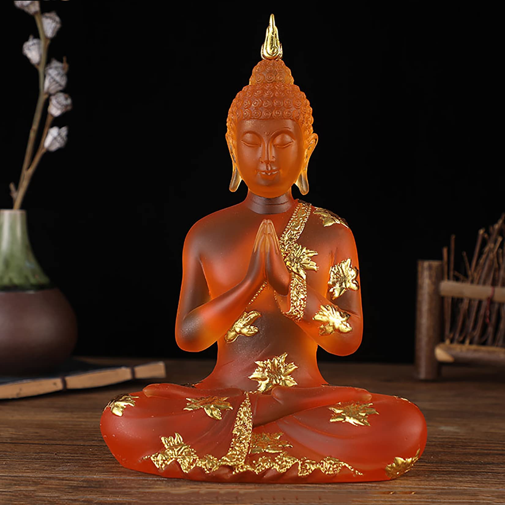 Estatua de Buda de Resina de Cristal Decoración de Meditación Interior, Estatuilla de Buda Sentado Tailandés Regalos Espirituales para Mesa Zen,Naranja,L