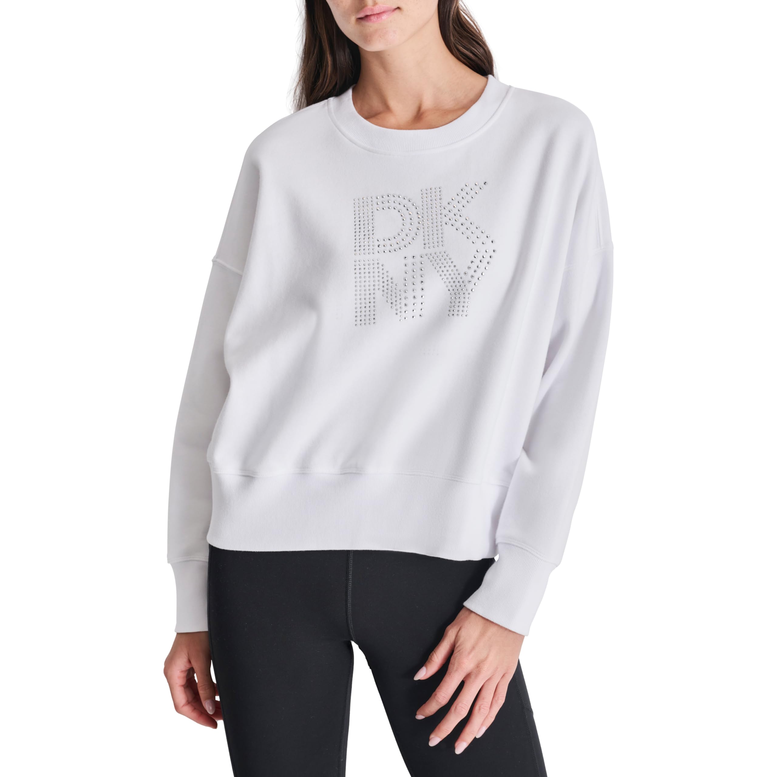 DKNY Studded Logo Cropped Crewneck Fleece Sweatshirt Sudadera para Mujer