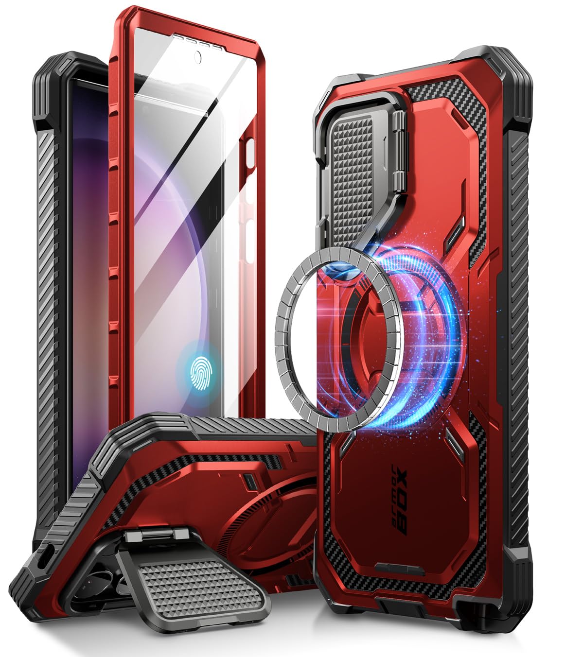 i-Blason Armorbox for Samsung Galaxy S24 Ultra Case with Camera Cover Stand, [Compatible with MagSafe] Full-Body Rugged Protective Case with Built-in Screen Protector & Kickstand (Ruddy)