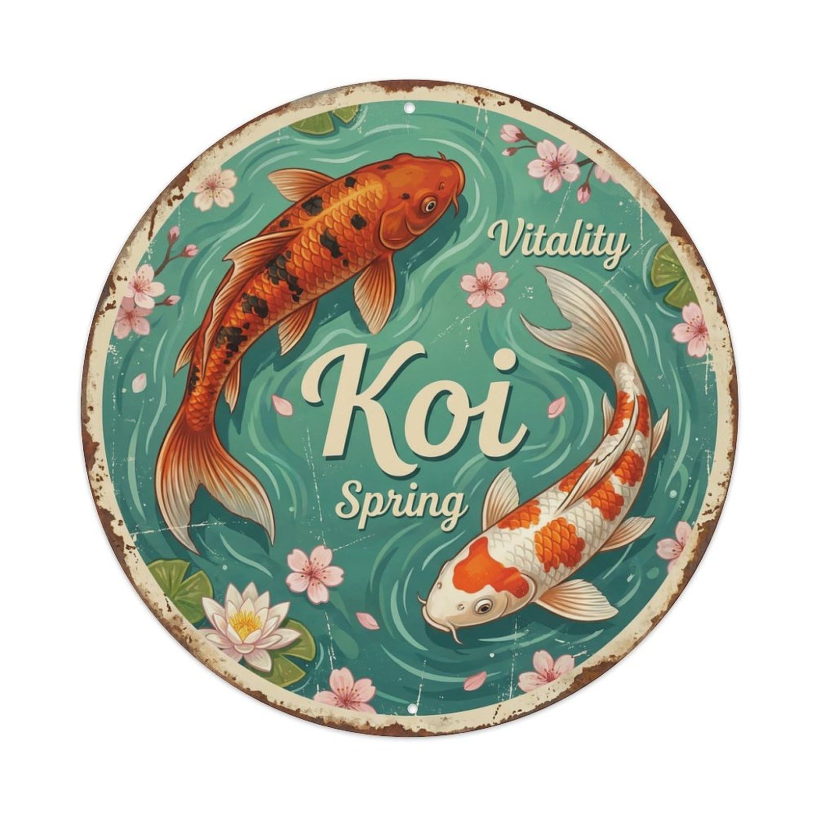 Metal Tin Sign Koi Fish Spring Energetic Flow Japanese Art