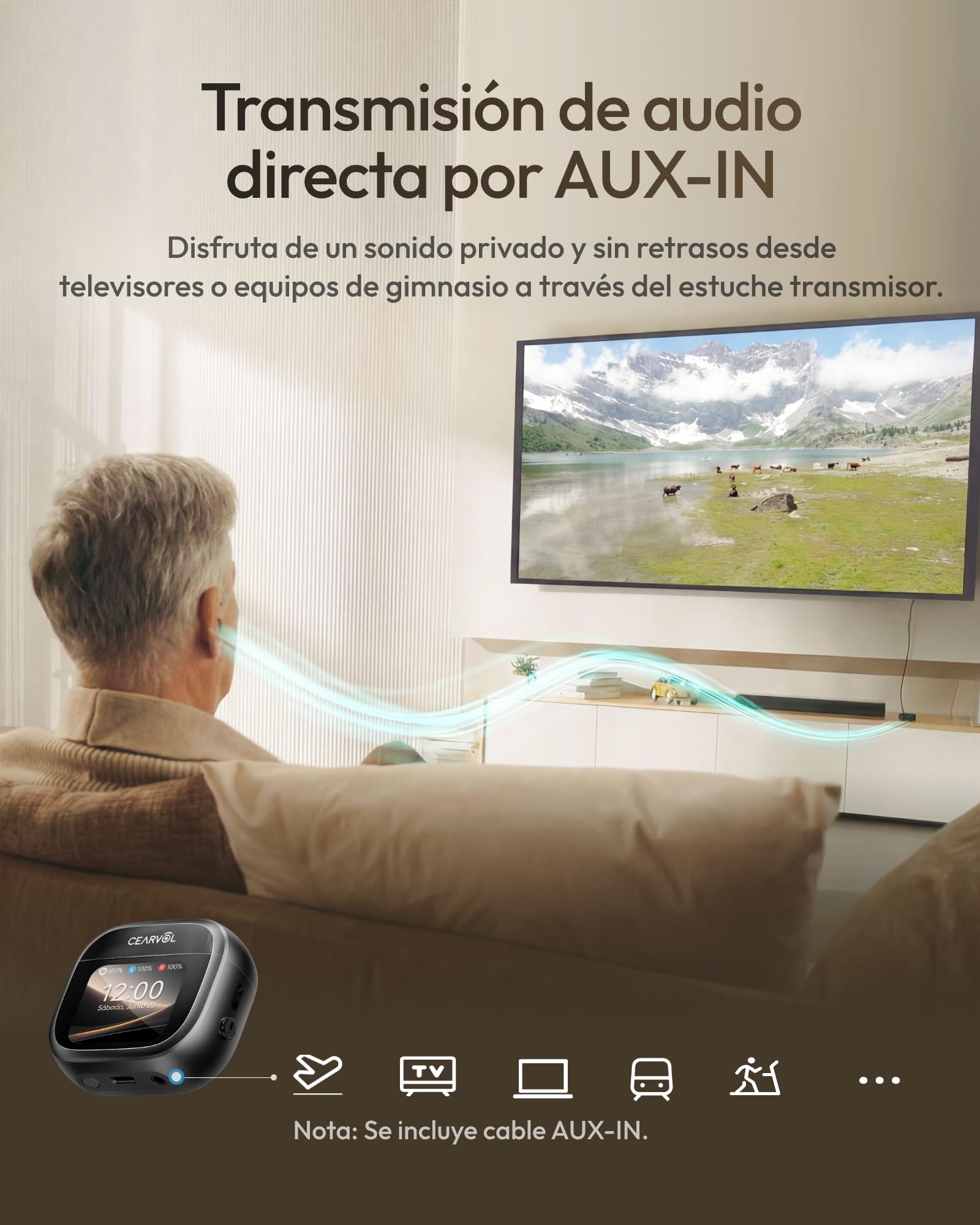 Wave Amplificador de Sonido, Estuche con Pantalla Táctil, NeuroFlow AI 2.0, Conexión Bluetooth Dual, Transmisor Directo para TV con Entrada AUX (Negro)