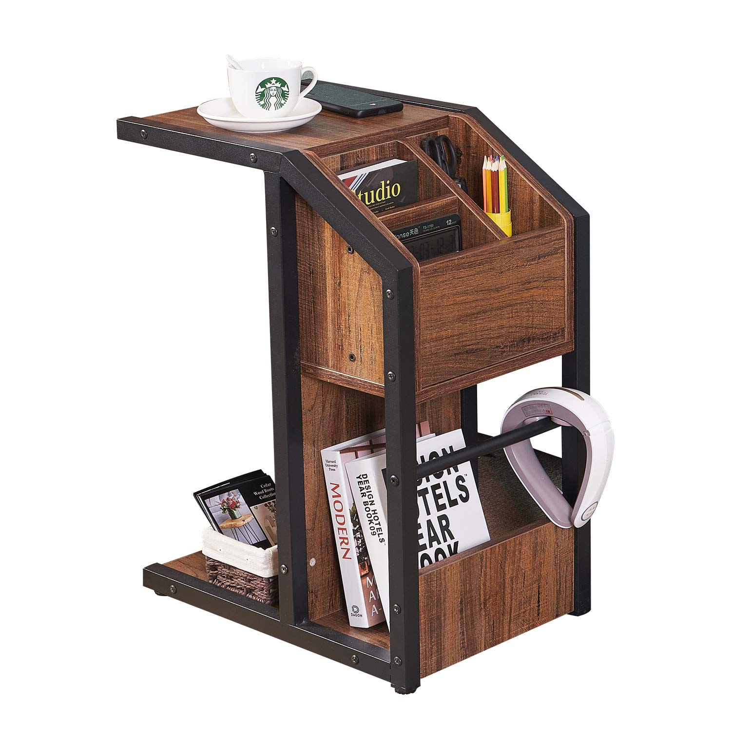 NXN-HOME Sofa Side Table, Modern C Table Snack End Table with Storage for Coffee Laptop Tablet, Couch Bed and Side Table with Metal Frame for Living Room, Bedroom