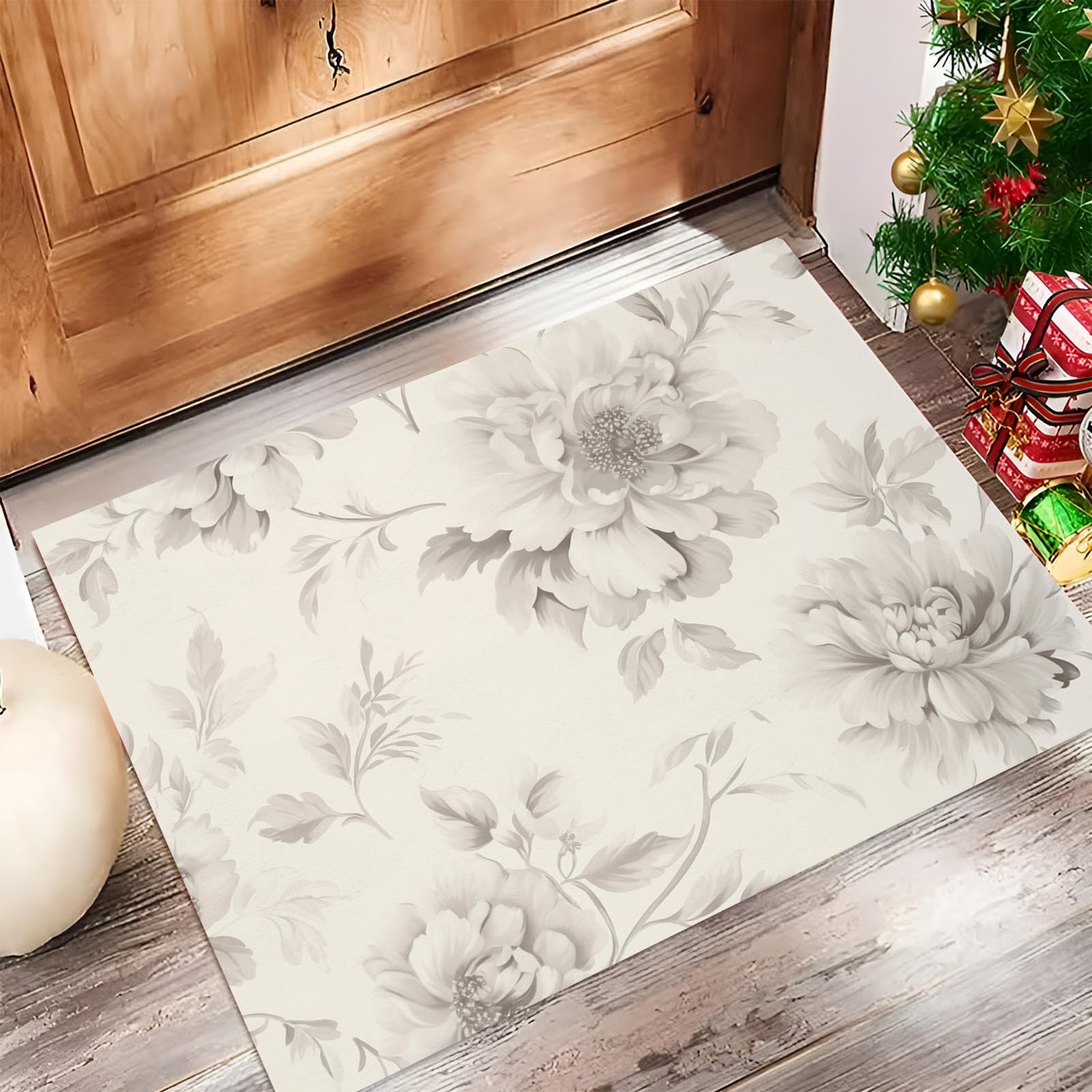 Paillasson Intérieur 80x120cm Floral Blanc Cassé Tapis d'Entrée Antidérapant