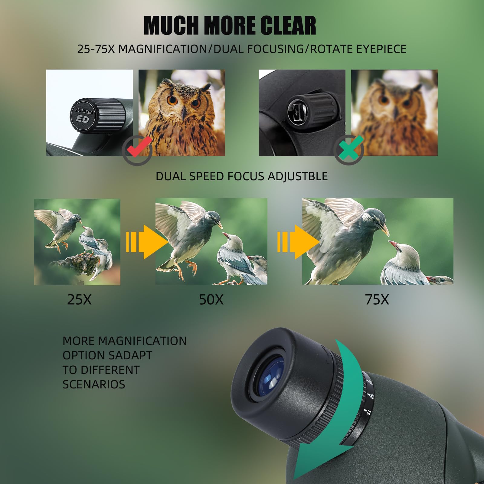 Telescopio, Ultra HD 25-75X60 Telescopio, Doble Enfoque ED, Impermeable FMC Lente-BAK4 Prisma con Trípode Maletín de Transporte para Tiro al Blanco Caza Observación de Aves Paisajes Silvestres