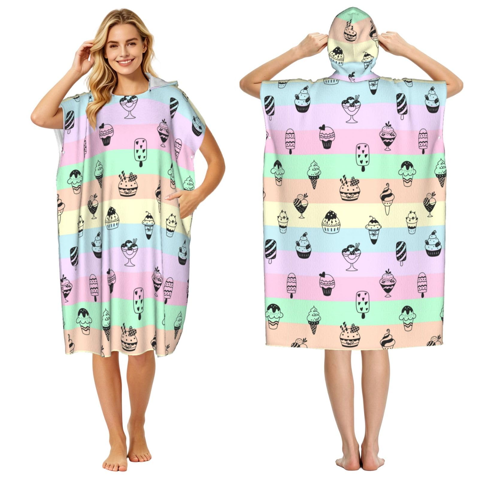 Noble Ren Delicious Ice Cream Adult Hooded Beach Towel Swimming Cover Outdoor Wearable Towels Bath Bathrobe Cape Quick Drying