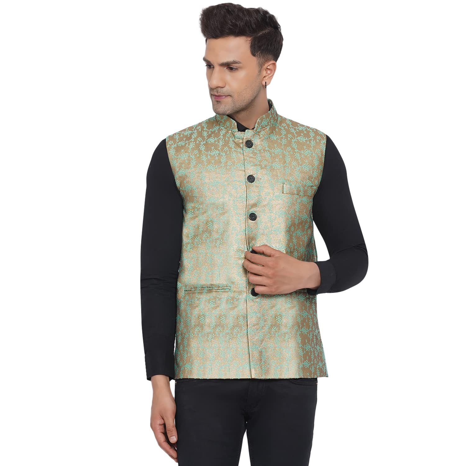 veera paridhaan Men's Banarasi Printed Nehru Jacket (Green)-picture-29