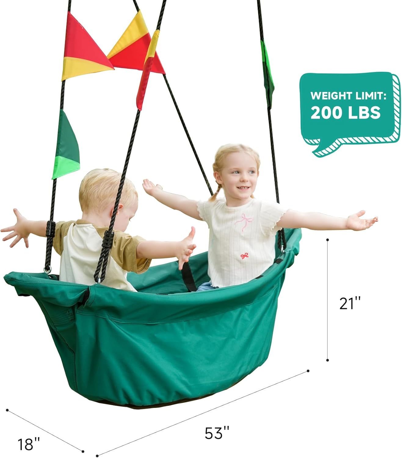 Large Platform 53'' RPET Boat-Shaped Swing, Canoe Tree Swing for Kids, Eco-Friendly Fabric, Indoor/Outdoor Hanging Hammock Chair, Safe & Comfortable Children’s Play (Racing Green)