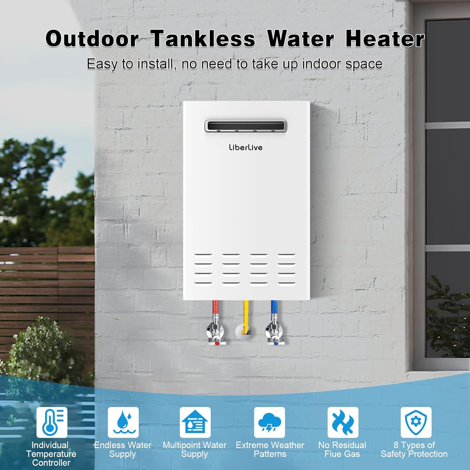 LiberLive tankless water heater mounted on an exterior brick wall, illustrating outdoor installation.