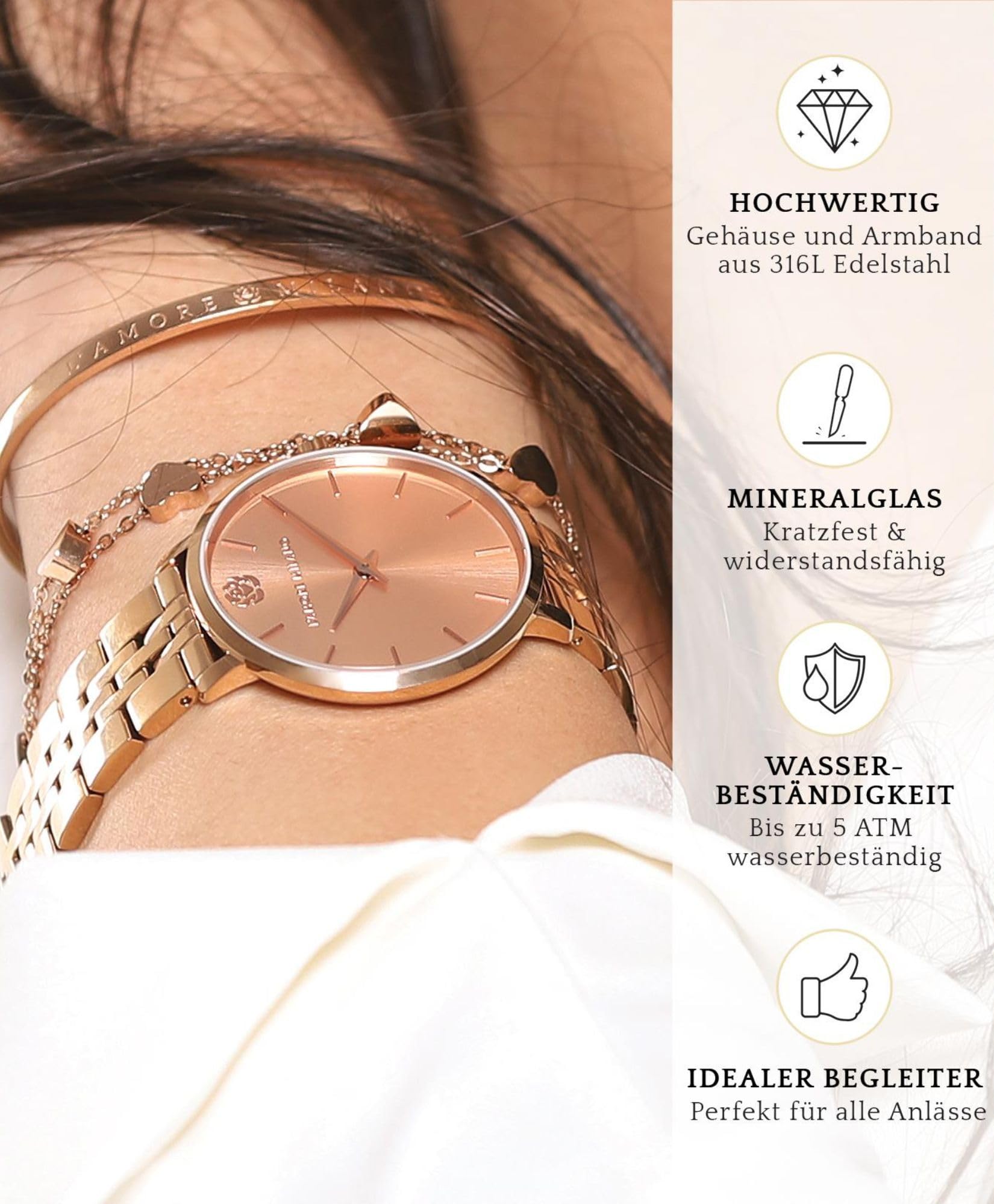 L'AMORE MILANO Damenuhr Rosenbox - Hochwertige Armbanduhr Edelstahl mit luxuriösem eckigem Design, wasserdicht 5 ATM - Edles Geschenk für Frauen, Freundin, Mutter - 36mm Damen Uhr
