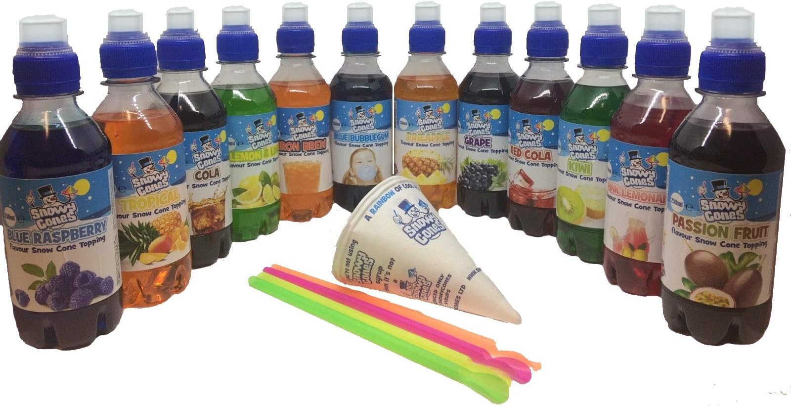 Snowycones |Snow Cones and Shaved Ice | 12x250 ml Not Slush | Blue Raspberry, Lemon and Lime, Iron Brew, Blue Bubblegum, Red Cola, Grape, Pink Lemonade, Kiwi, Passion Fruit