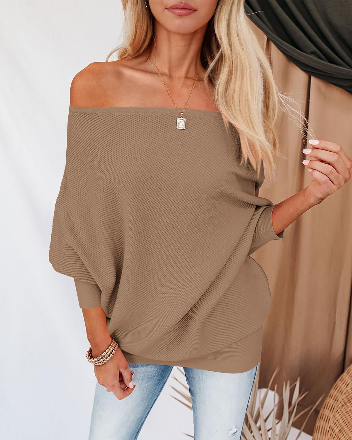 Zenlonr Women's Fall Sweaters 2026 Casual Long Batwing Sleeve Loose Off Shoulder Knit Pullovers Jumper Tops - Image 4