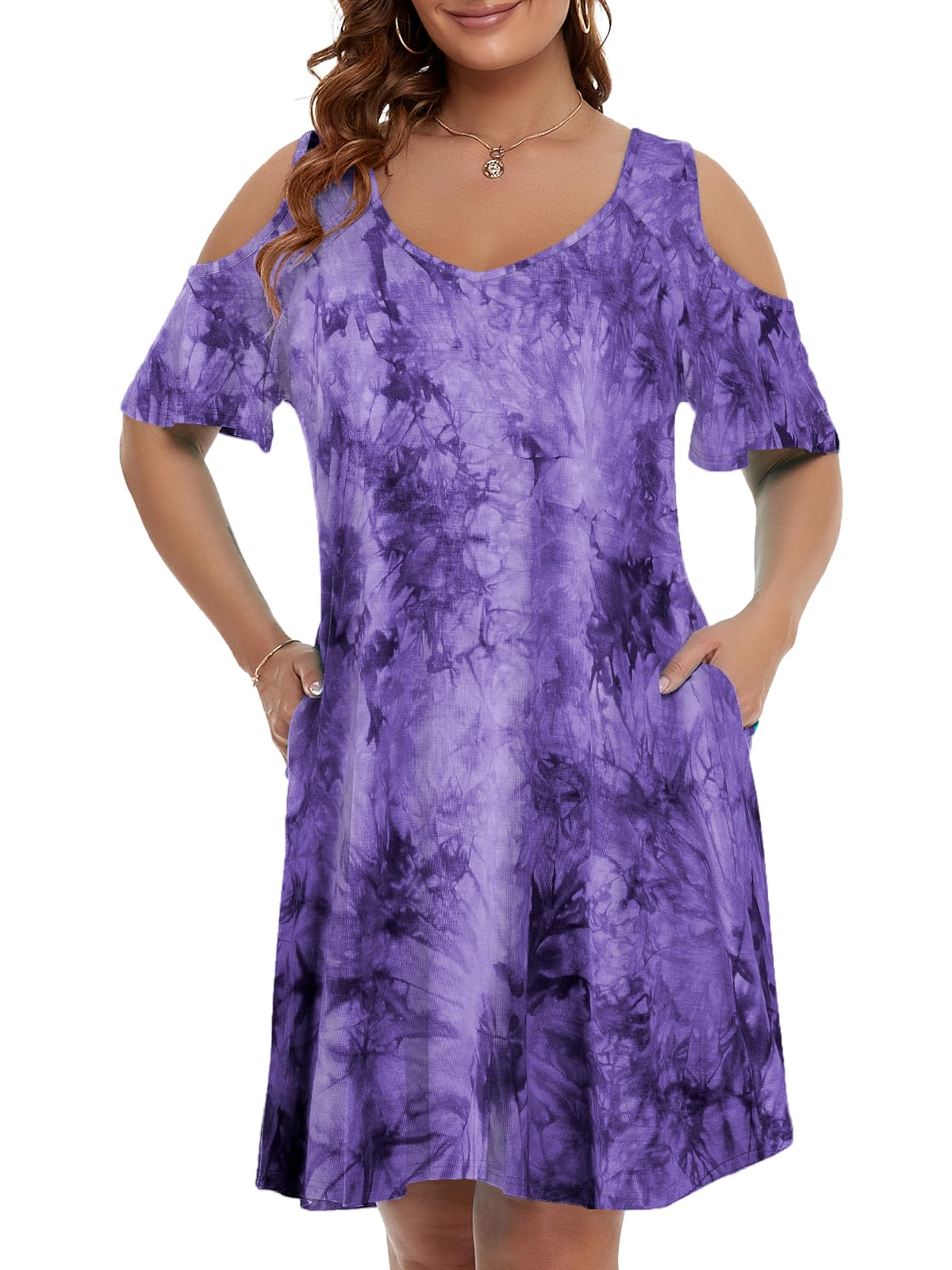 JollieLovin Womens Plus Size Short Sleeve Cold Shoulder V Neck T-Shirt Dress with Pockets