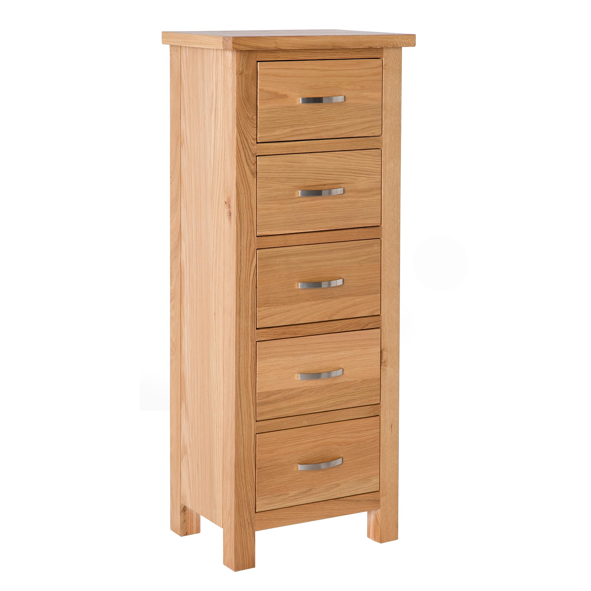 RoselandFurniture London Oak Tallboy Chest of Drawers Bedroom Cabinet | 5 Drawer Solid Wooden Tall Bathroom Storage Unit, Free Standing, Ready Assembled