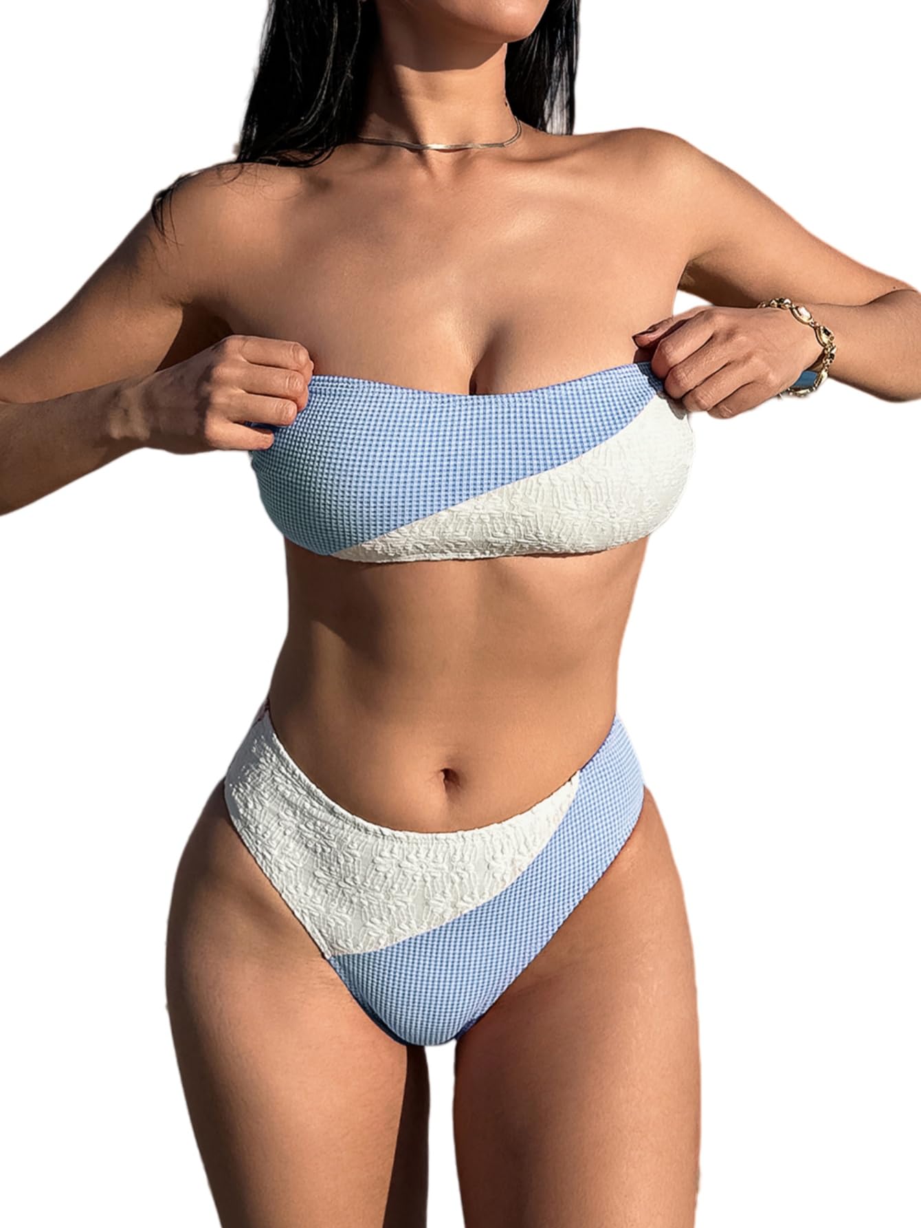 ZAFUL Bikini Sets for Women Strapless Color Block Lace Gingham Patchwork Bandeau Swimsuit 2 Pieces Bathing Suit