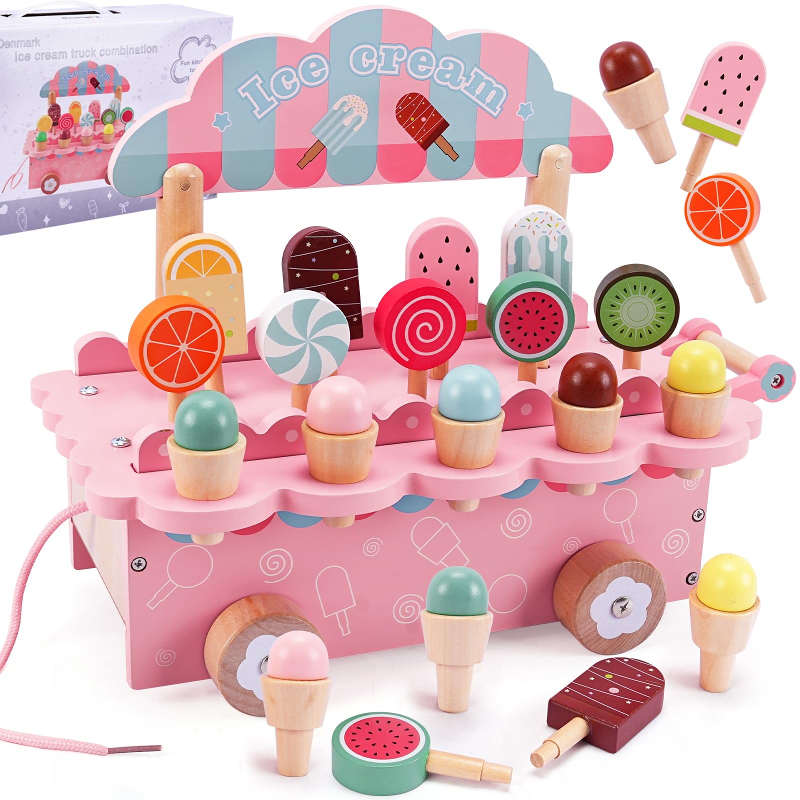Glacier en Bois pour Enfant,Jeu de Glace en Bois,Jouet de Crème Glacée,Magasin de Glace Enfant Jeux de Rôle Jouets en Bois Jouets Montessori Cadeau pour Garçons Filles à Partir de 3 Ans