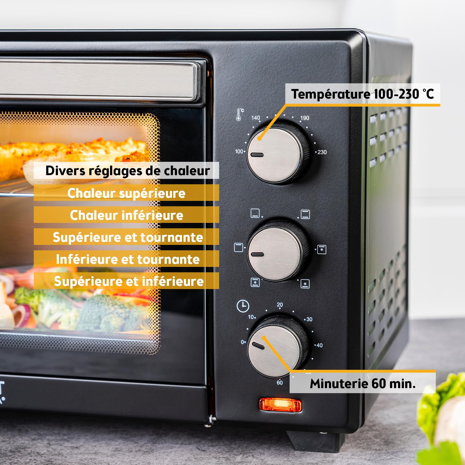 TZS First Austria - Mini-Four 30L 1600W - Four avec réglage de la température jusqu'à 230°C - Avec minuteur de 60 min, 3 hauteurs d'insertion, plaque et grille - Pour petites cuisines et camping