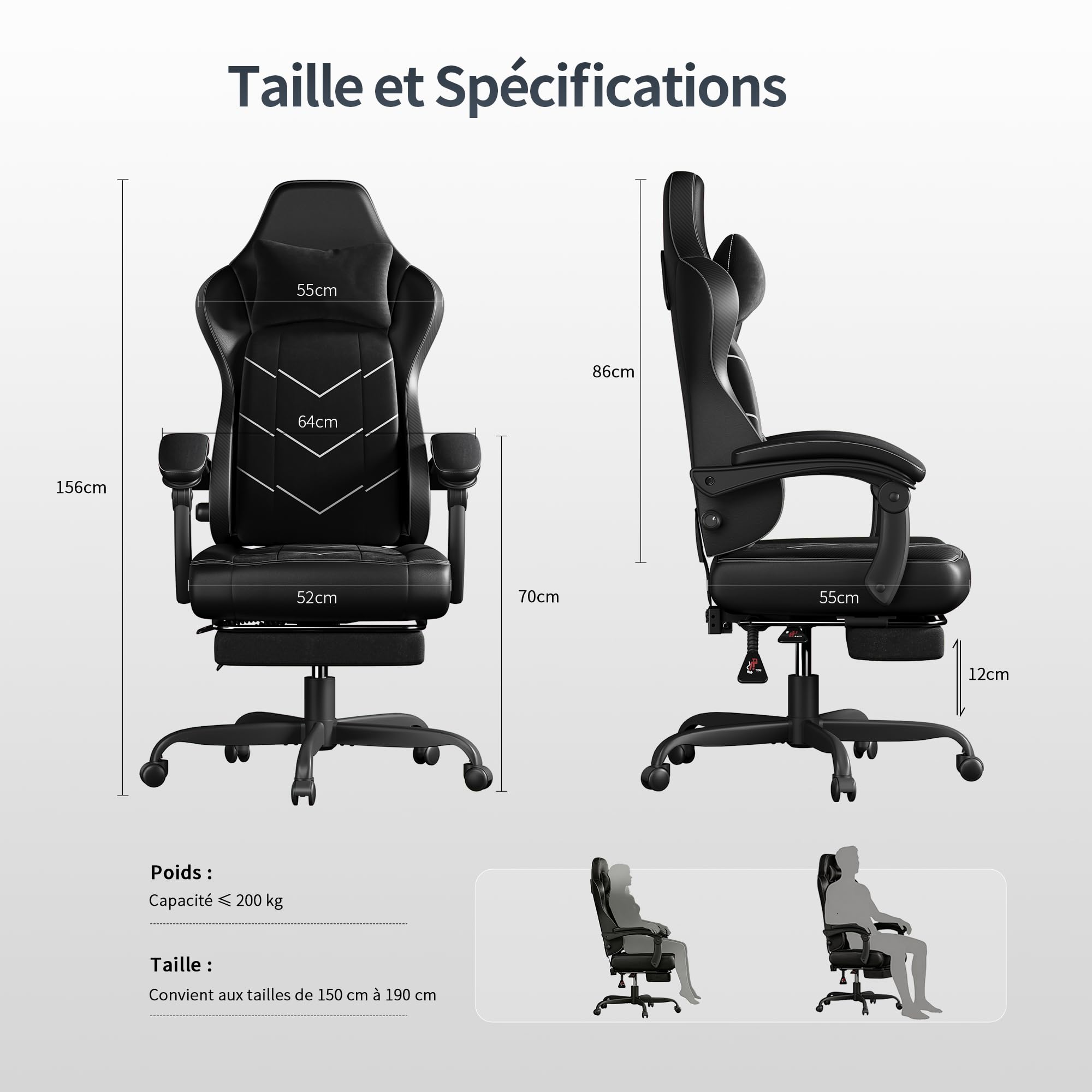 JUMMICO Chaise de Bureau Ergonomique avec Soutien Lombaire Dynamique & Repose-Pieds, Fauteuil Gaming pour Confort à Long Terme, Tissu Respirant pour Home Office, Noir