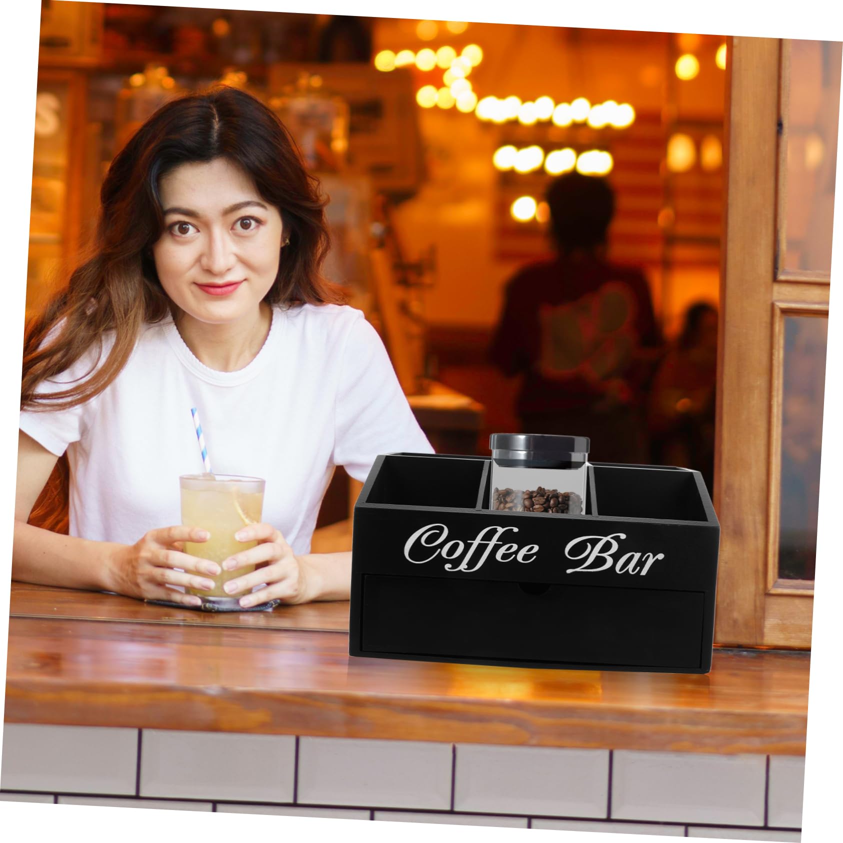Caja Organizadora de Barra de Café de Madera Negra | Diseño de Compartimentos, para Sobres de Azúcar, Pajitas y Servilletas, Uso en Encimera