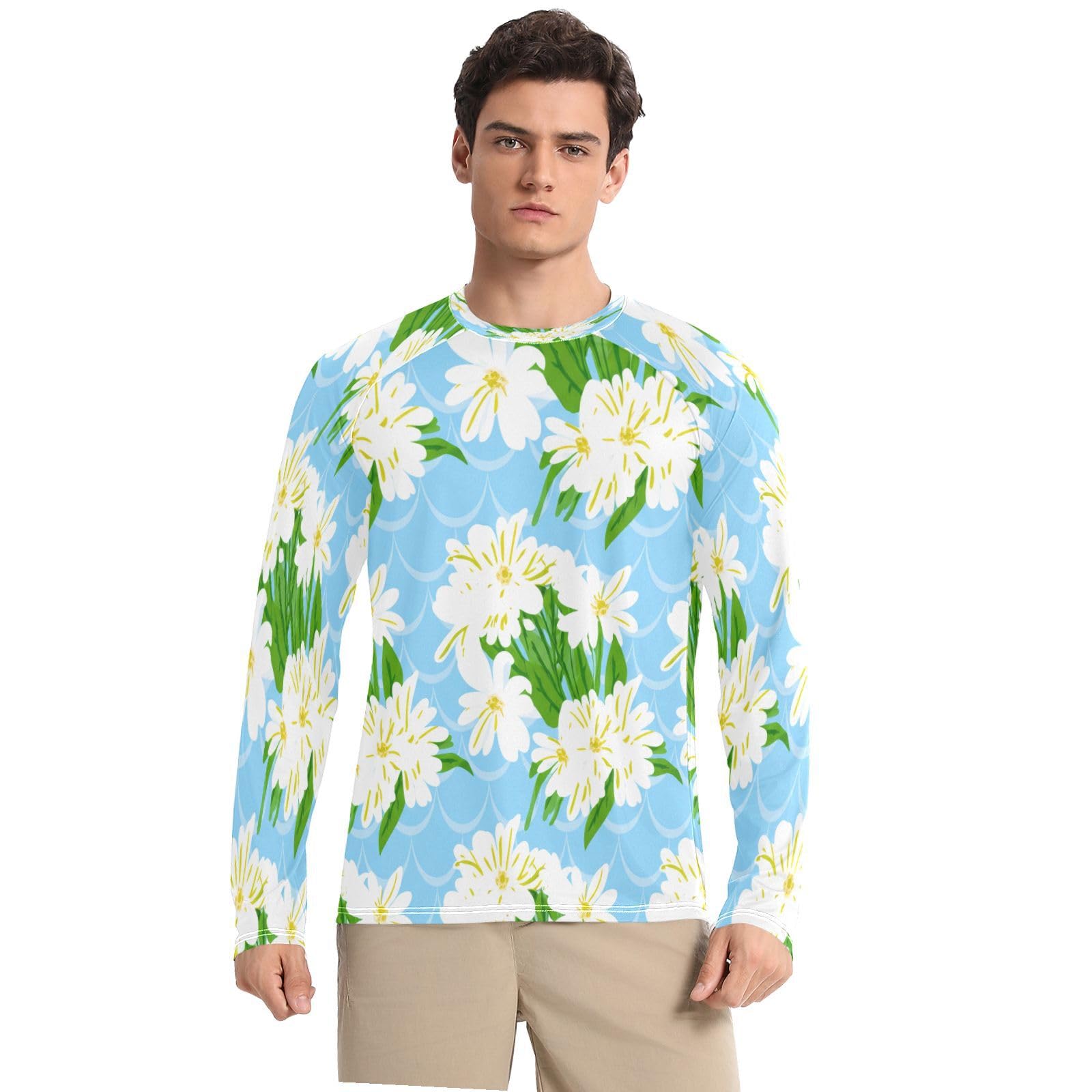 White Floral Bouquets Men's Sun Protection Shirts UPF 50+ Long Sleeve UV Rash Guard Quick Dry Swim Shirts-image-17
