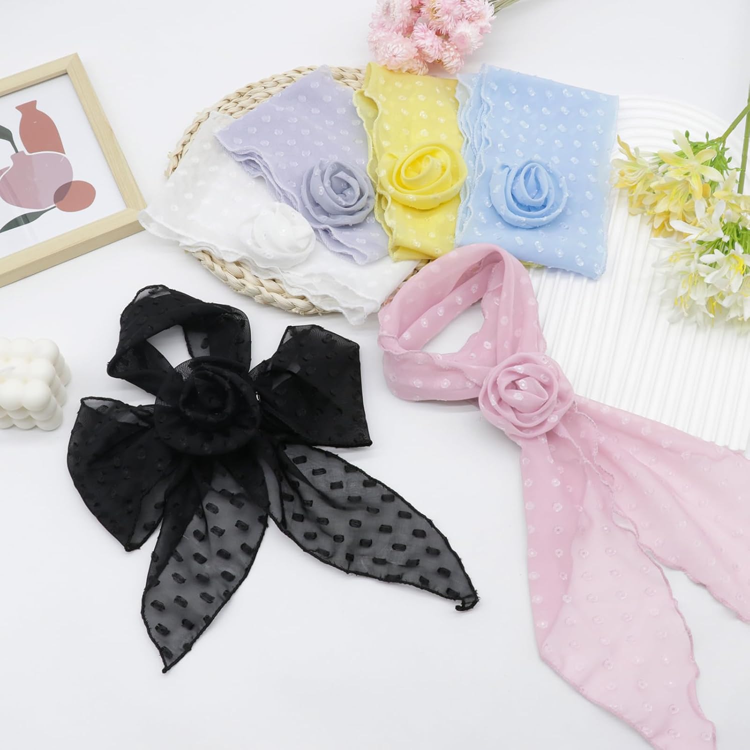 Skinny Scarf for Women, Floral Lightweight Womens Scarves Polka Dots Neck Scarf for Headband Purse Belt Accessory