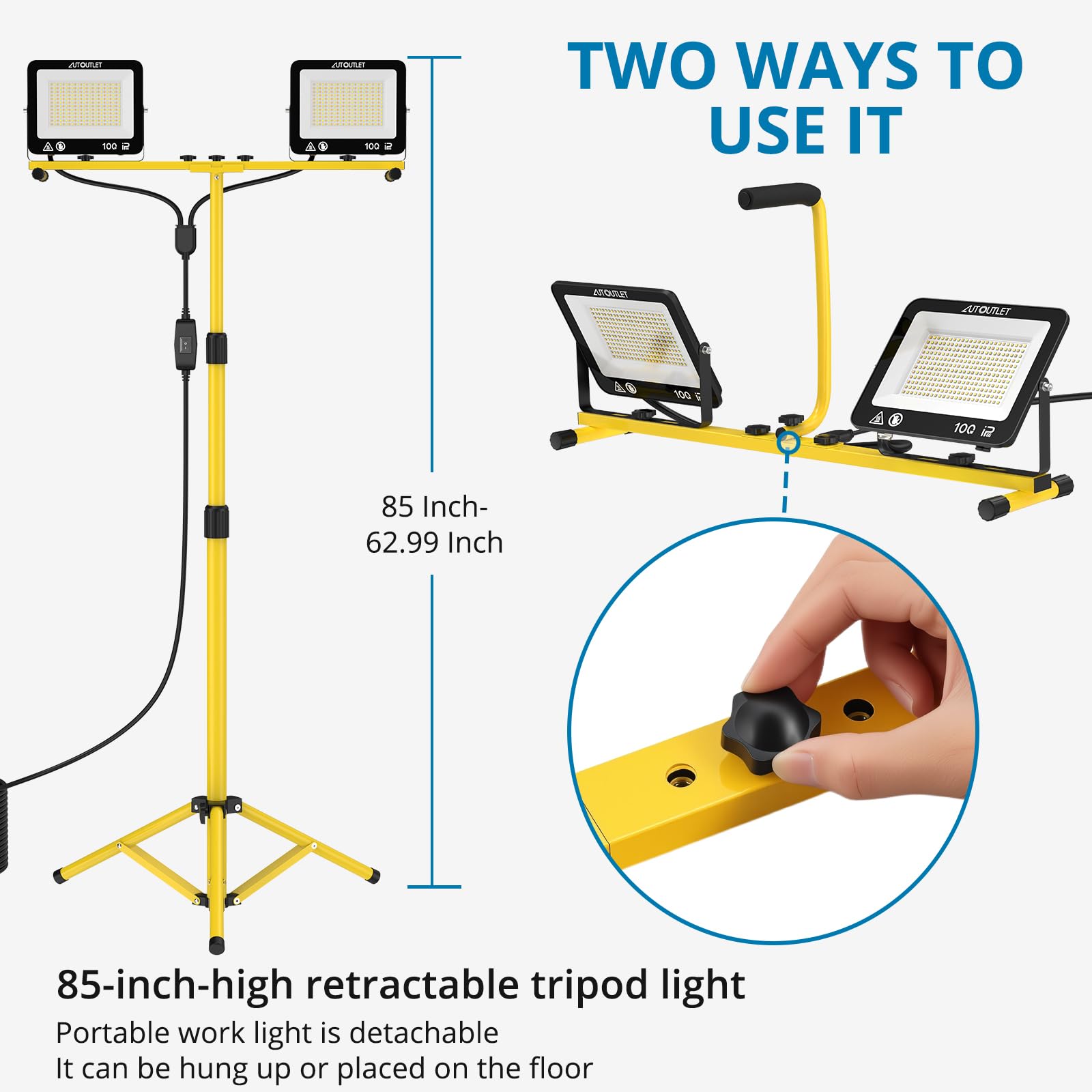 AUTOUTLET Reflektor budowlany LED ze statywem, 2 x 100 W, 27000 lm, lampa robocza z 3 trybami temperatury barwowej, regulowany statyw i kabel zasilający 5 m, wodoszczelny IP66, zdejmowana lampa