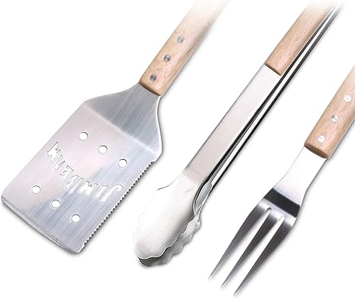 Miniatura 3 de Jim Beam Juego de herramientas para barbacoa de 3 piezas con asas de madera, incluye espátula, tenedor y pinzas para cocinar al aire libre
