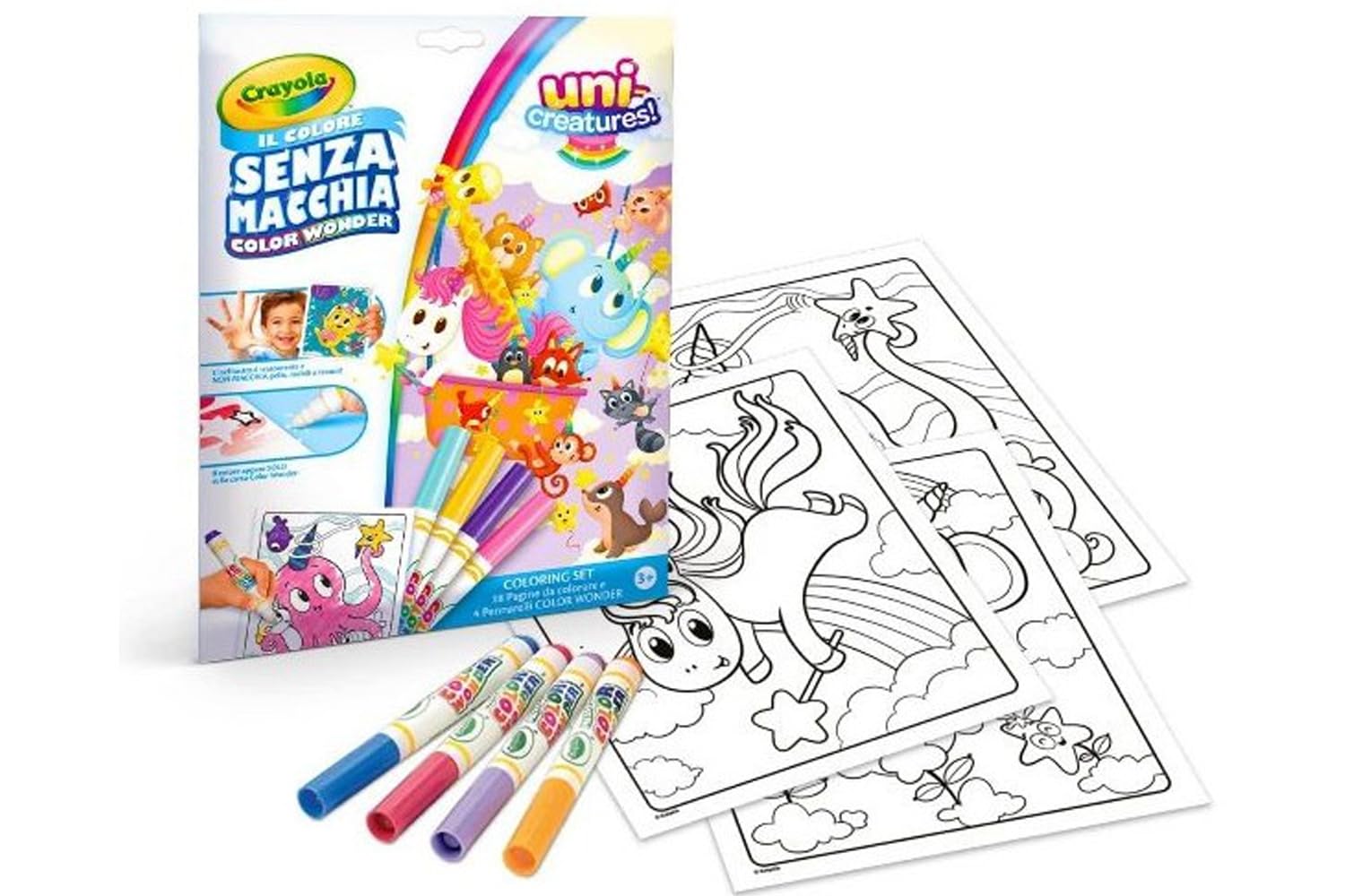 CRAYOLA - Color Wonder, Coloring Set con 18 Pagine da colorare e 4 Pennarelli Senza Macchia, soggetto Unicreatures, Attività Creativa per Bambini, età 3,​4,​5 Anni, cod. 25-​2905