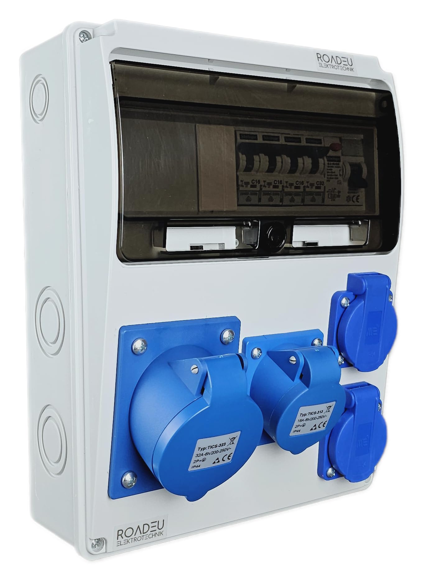 RoadEu | Cuadro Eléctrico Monofásico IP44 | Caja de Distribución Precableada con Interruptor Diferencial FI & Magnetotérmicos | 1x Toma CEE 32A, 1x CEE 16A & 2x Tomas 230V