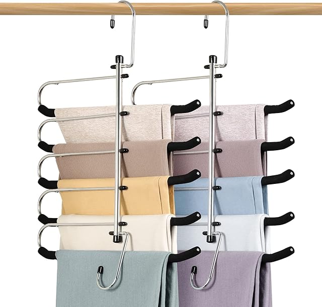 2 Pack Coat Hangers Space Saving Trouser hangers - Upgrade Non-Slip Trouser Hanger Rack with Foam Padded Swing Arm Hangers Multiple Layers Closet Organizer and Storage for Trousers, Slacks, Scarf, Tie