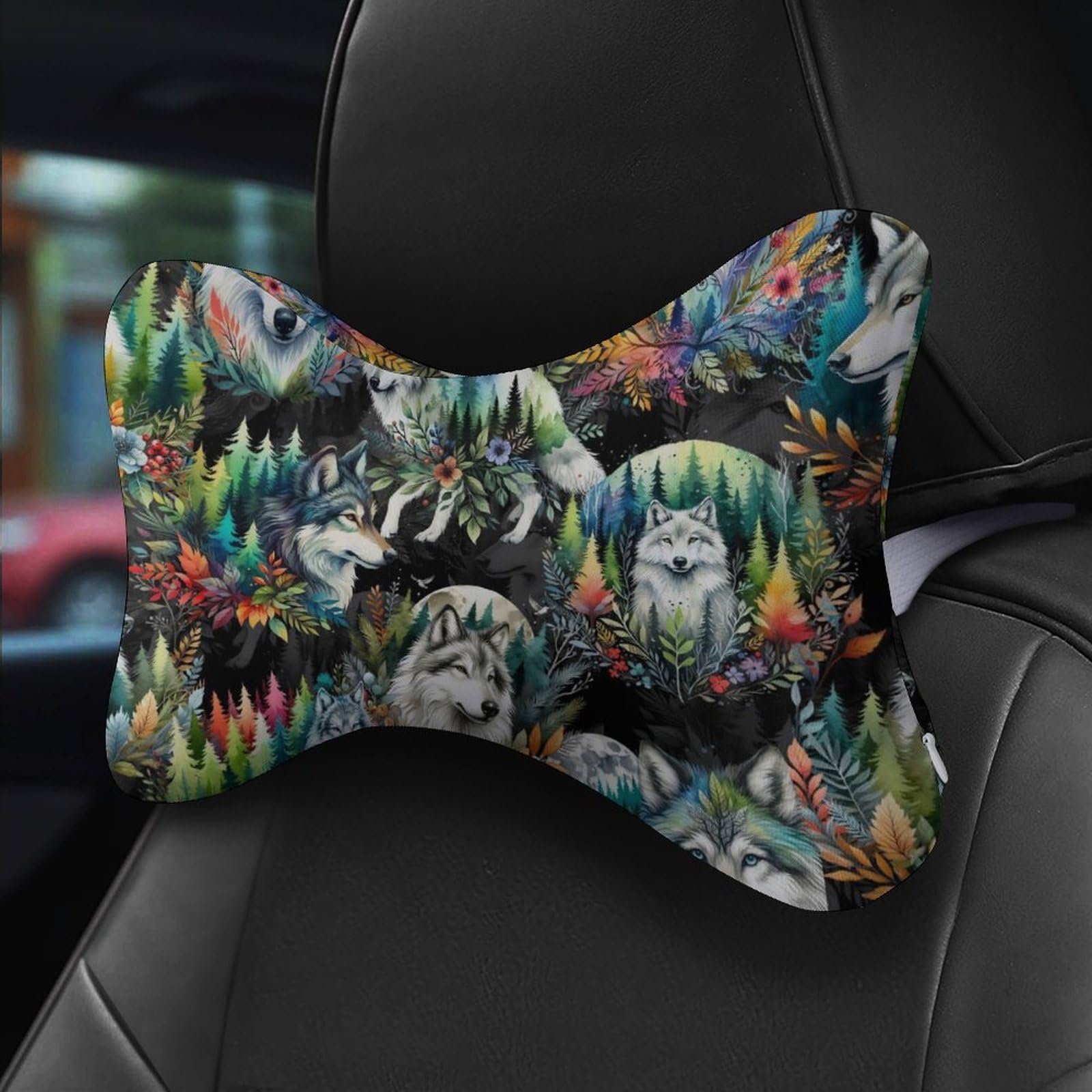 SMAZDFXX Wolf Car Neck Pillow Set of 2 Car Seat Head Support Cushion Bone Pillows with Elastic Strap