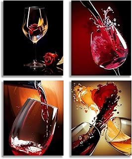 TOCDGOO Red Wine Glass Wall Art, Canvas Posters for Kitchen, Dining Room, Restaurant, Bedroom, Set of 4-8x10 inches Unframed