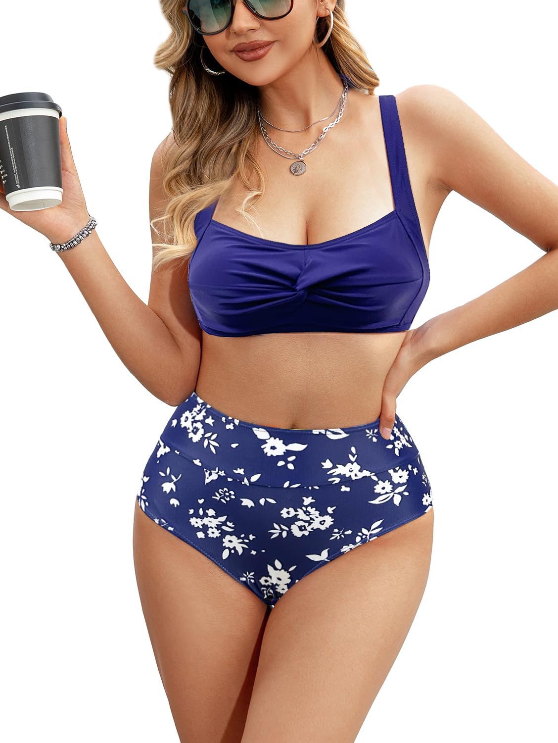 NLAND Traje de Baño Dos Piezas Cintura Alta Conjunto Bañador Cuello en V Mujer Bikini Estampado Floral Push Up