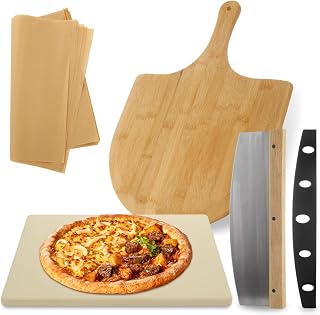 FVIEXE 4PCS Pizza Stone Set 15x12 Inch Rectangle Baking Stone with Wooden Peel Cutter & Papers for Oven Grill Pizza Bread