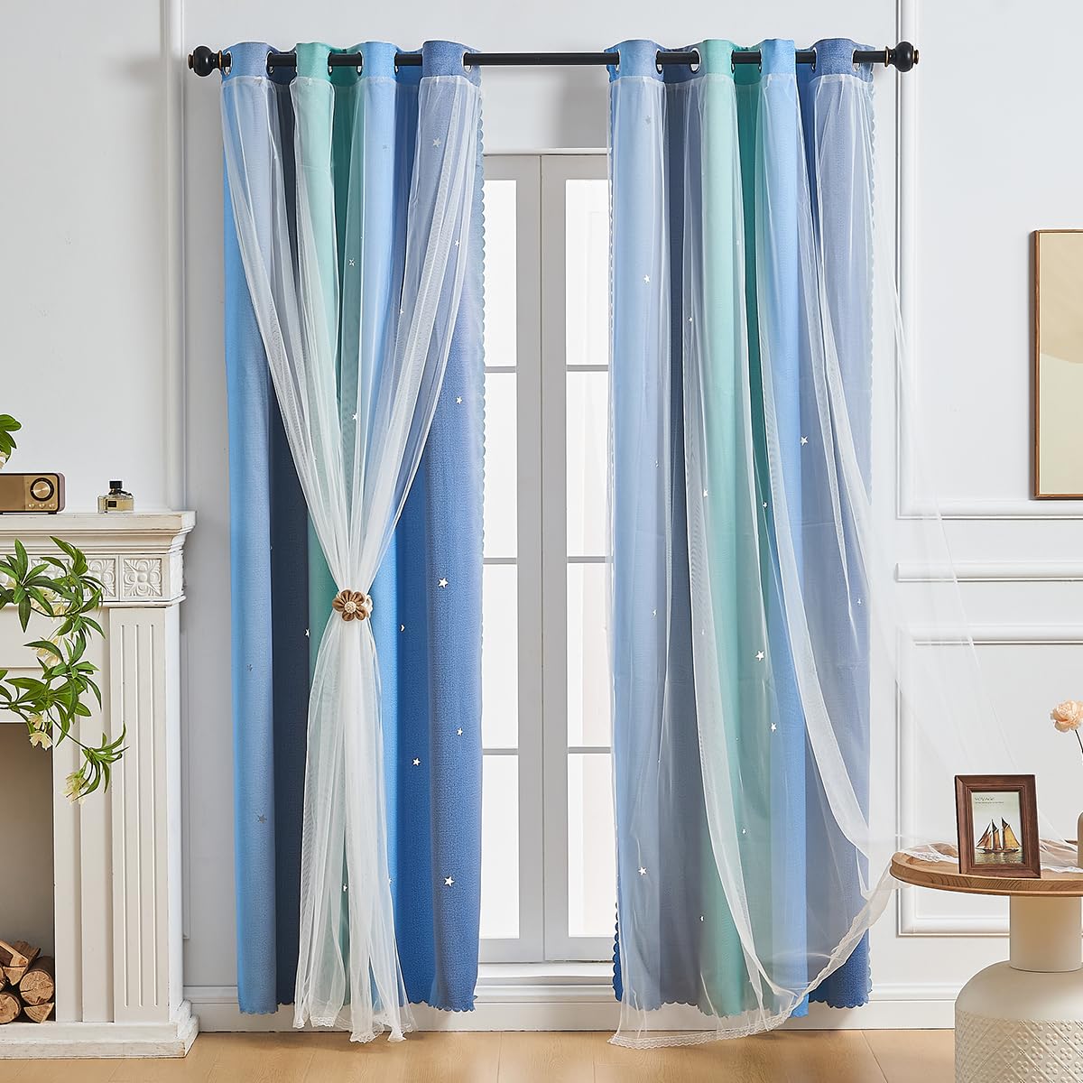 NETMEO Princess Curtains for Girls Kids Room Daughters Bedroom Windows Opaque Star Shape Eyelet Curtains (Blue Green Grey, L132×W182×1P)