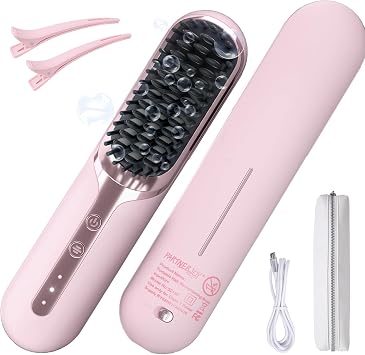 Cordless Hair Straightener Brush, Portable Hair Straightener with Ionic Technology, Dual-Mode Corded & Cordless Travel Straightening Comb, Fast Heating Hot Brush for Women - Pink