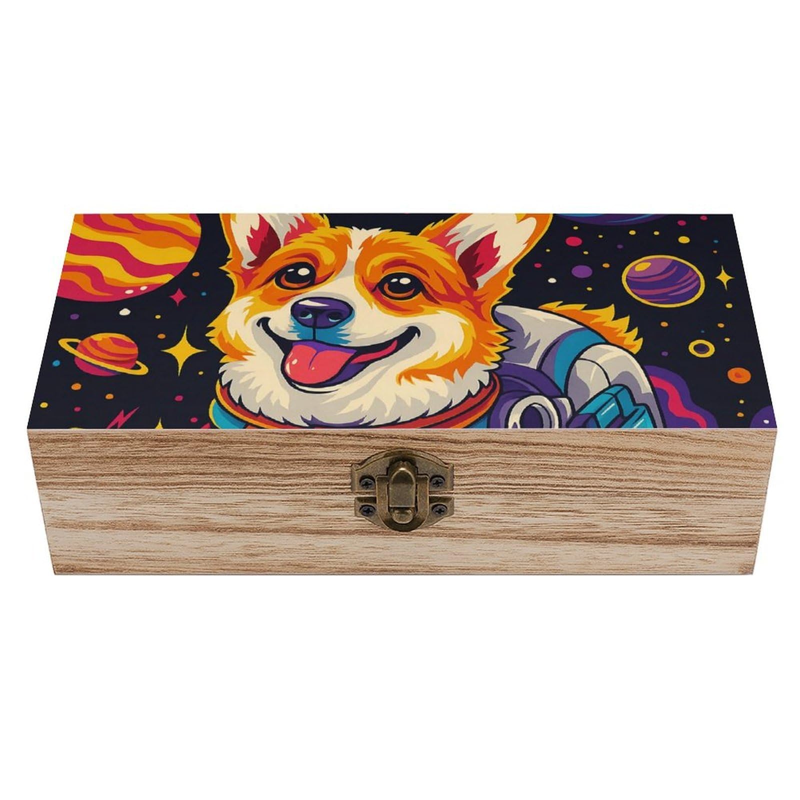 Oudrspo Vibrant Astronaut Corgi Dog And Planet Retro Wooden Storage Box Keepsake Jewelry Decorative Art Storages Box Gift Boxs