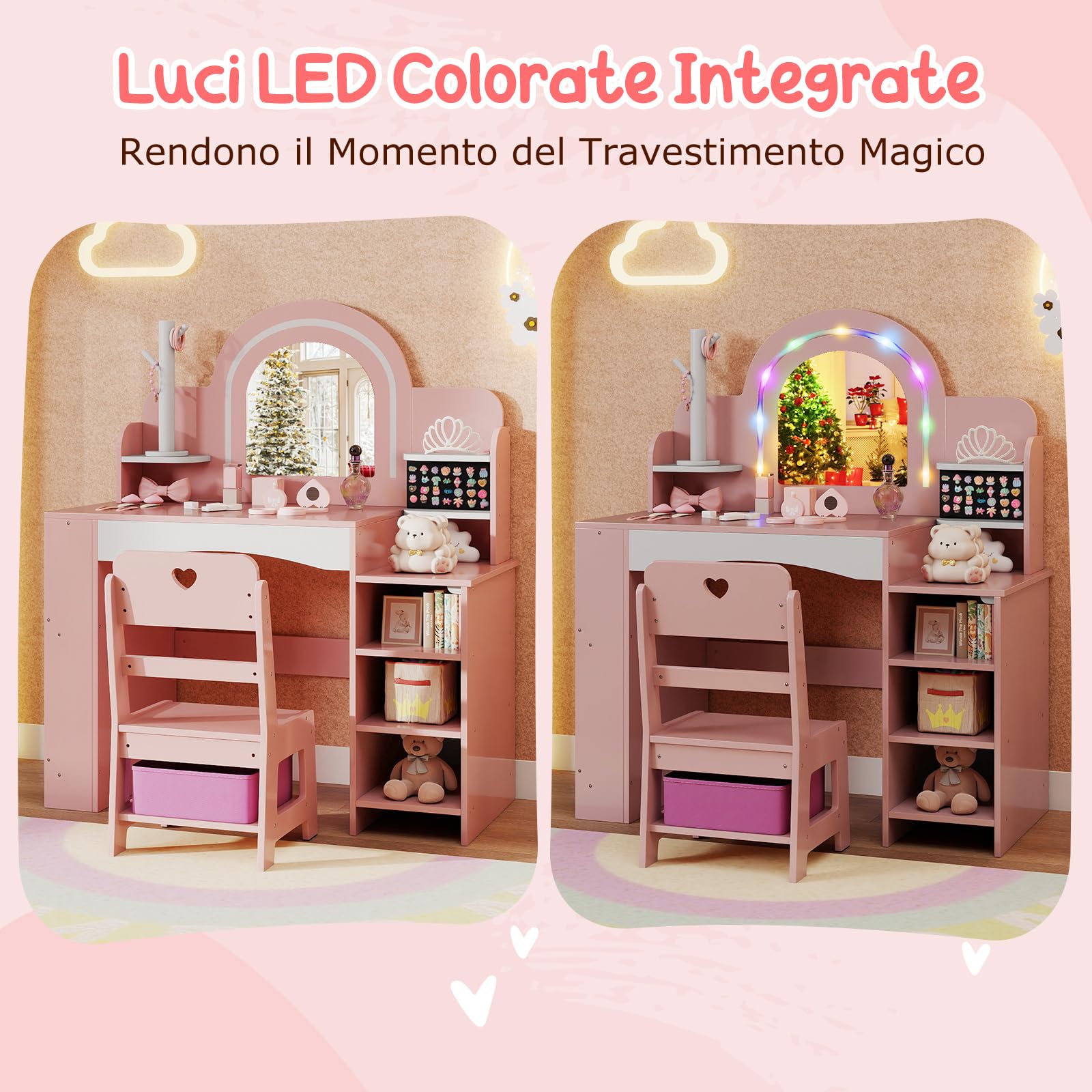 COSTWAY Toeletta Trucco per Bambina con Sgabello, Postazione Trucco con Luci, Scaffali a Vista, Prtagioielli, Libreria a 2 Ripiani e Contenitore in Tessuto, Ideale per Bambina 3+ Anni (Rosa)