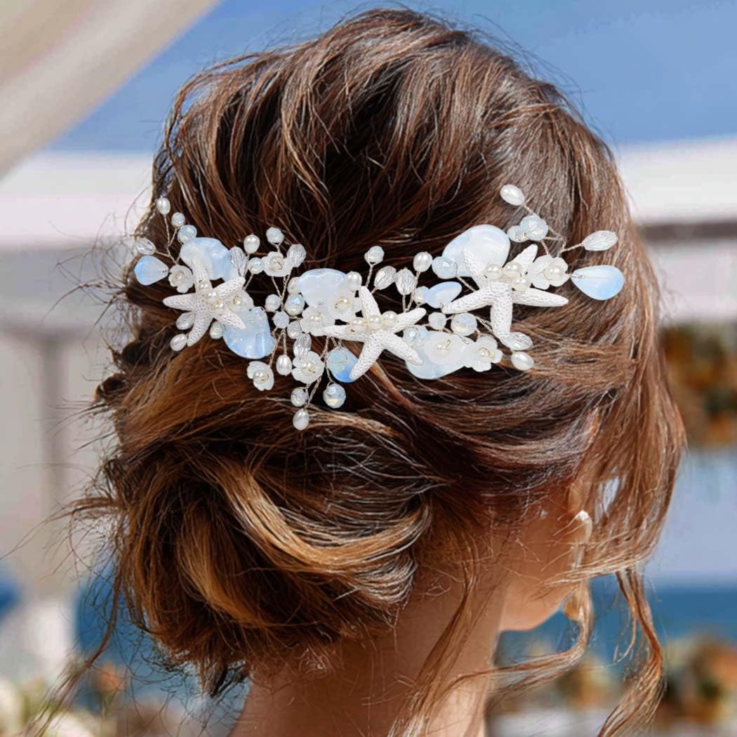 Unicra Silver Starfish Hair Vine Mermaid Headpiece Pearl Beach Wedding Hair Accessories for Women and Girls - Image 7