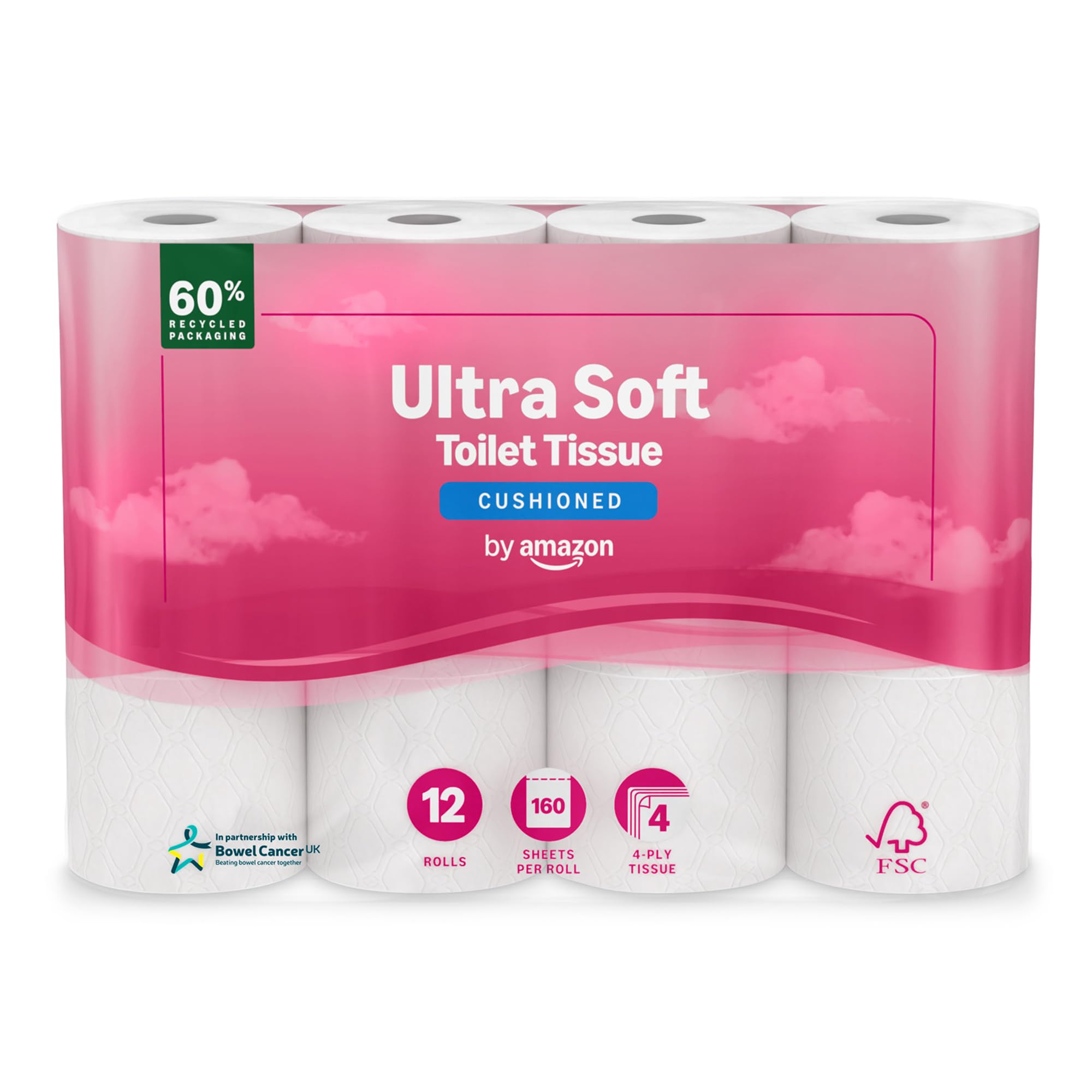 by Amazon Ultra Soft Toilet Tissue, 4-ply, 12 Rolls (1 Pack of 12), 160 Sheets per Roll, FSC Certified