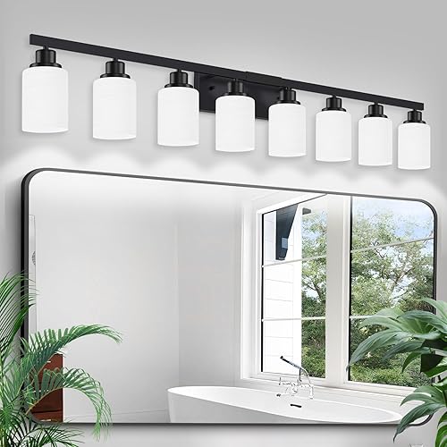 Lámparas de baño de 8 luces sobre el espejo, 52 pulgadas, modernas luces de tocador negras mate con pantalla de vidrio esmerilado blanco, apliques