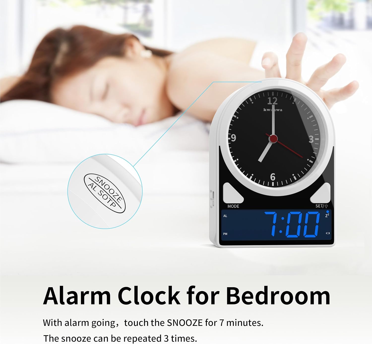 KWANWA 2-in-1 Analog Digital Alarm Clock – Light Sensor LED Display, Snooze, 12Hr Format, Easy to Read for Kids Learning Time, Bedroom, Desk, Living Room – Retro Design for Seniors, Teens, Children