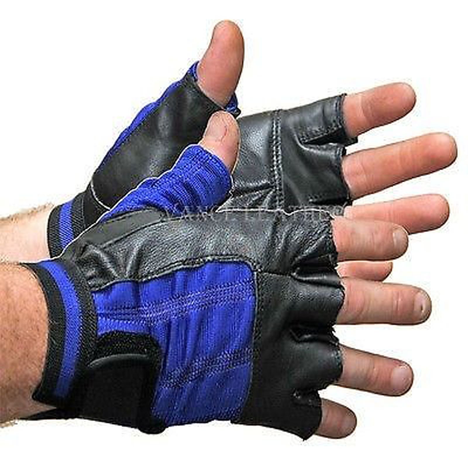 UNISEX MOTORCYCLE RIDING LEATHER GLOVE WITH SPANDEX BACK SHORTY BLK BLUE RED(2XL)