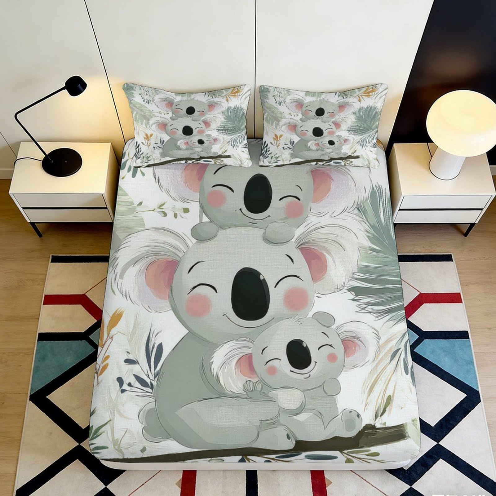 3D Printed Koala Family Fitted Sheet Microfiber Soft Breathable Cartoon Animal Bed Cover for Bedroom Guest Room Dorm 90x200x25cm
