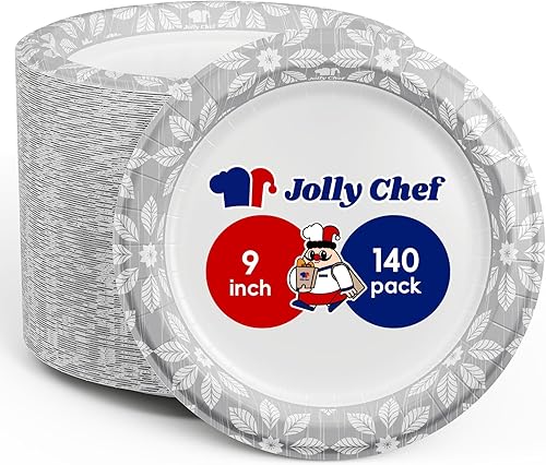 JOLLY CHEF Paquete de 140 platos de papel desechables de 9 pulgadas, a prueba de remojo, a prueba de cortes, platos de papel impresos resistentes