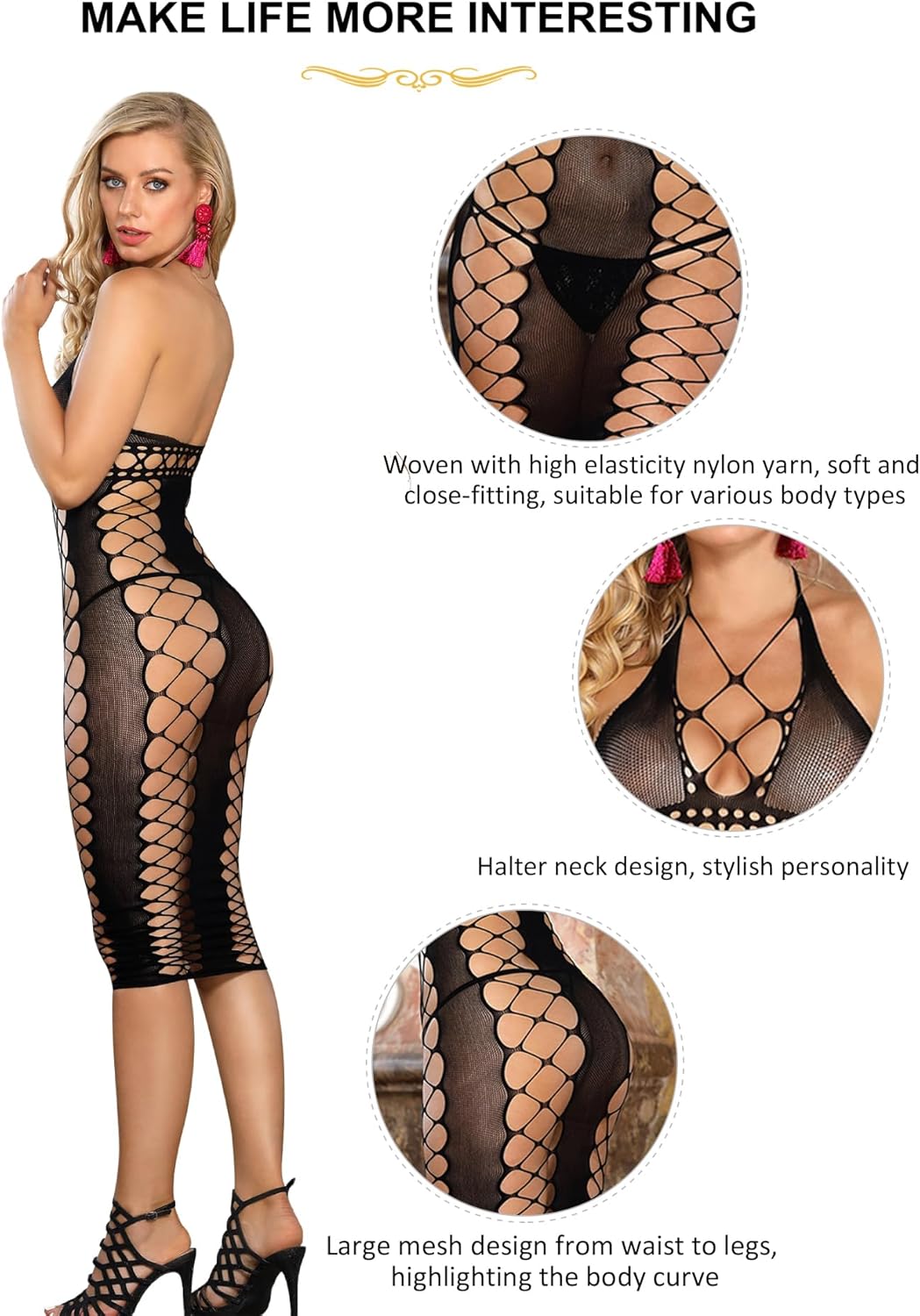 ohyeah Halterneck Fishnet Bodystocking Lingerie Dress for Women Sexy Outfits Hollow One Piece Dabydoll Rave Bodycon Lingerie - Image 5