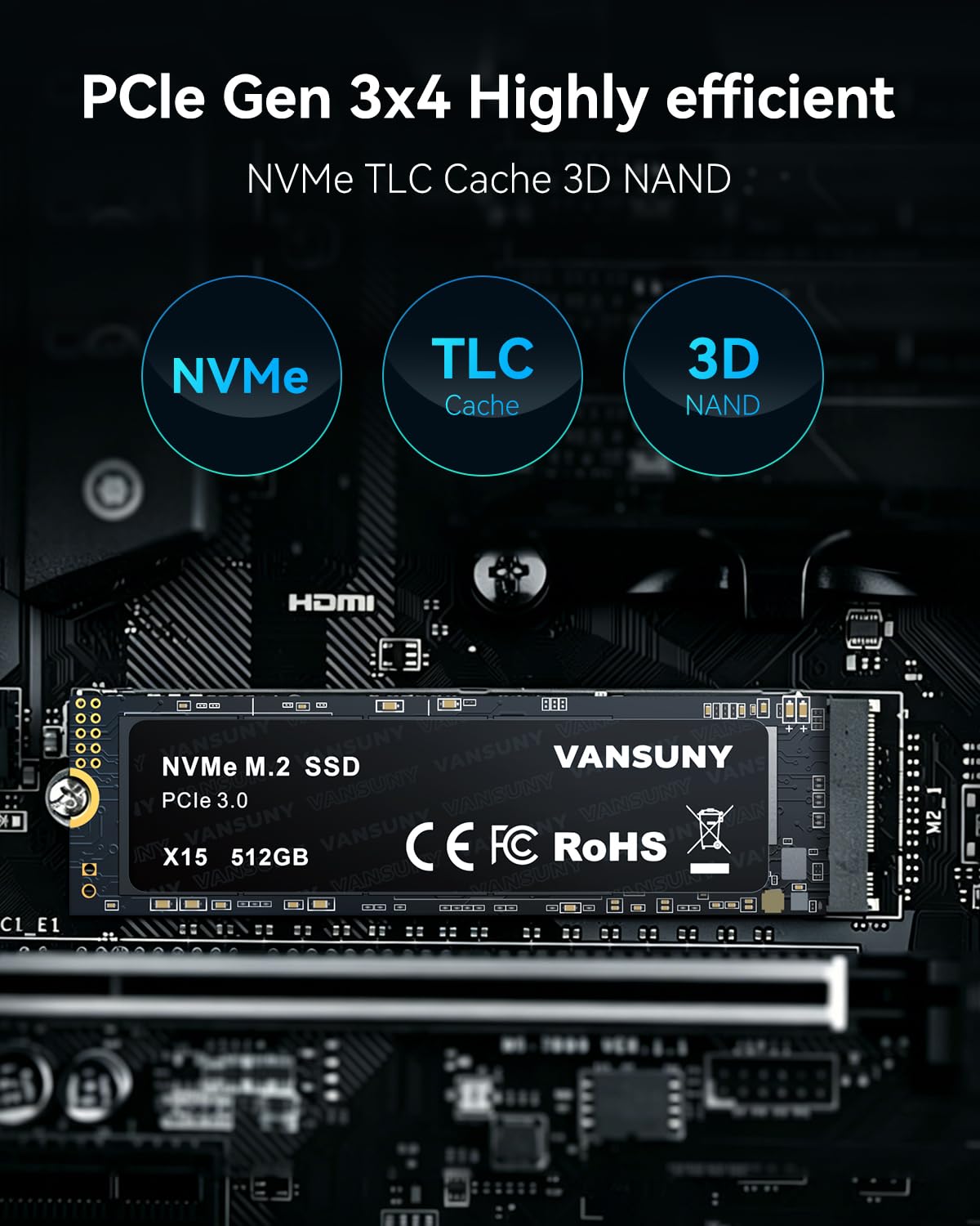 Vansuny SSD M.2 512Go, Disque Dur SSD M.2 NVMe 512go Vitesse 3400M/s pour La Mise à Niveau du Pc De Jeu